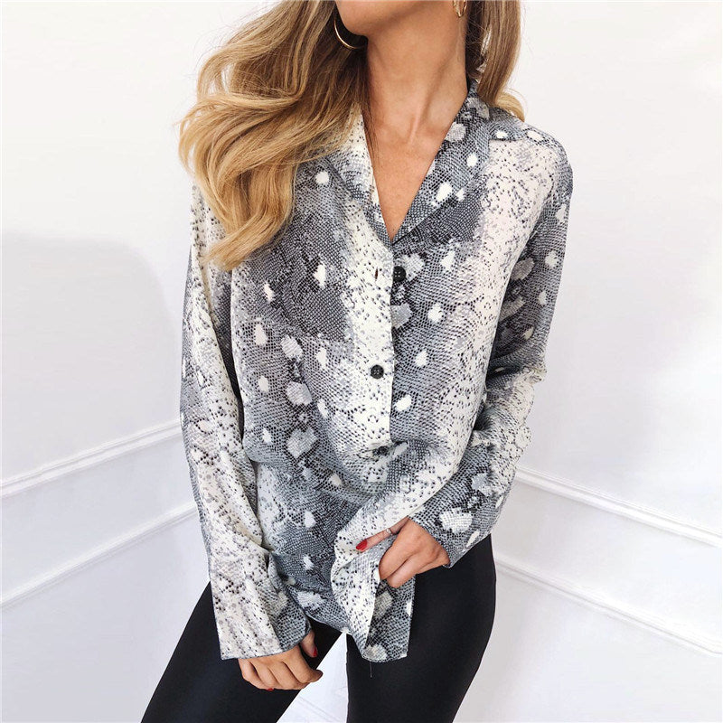 European and American spring and autumn V-neck long-sleeved snake print ladies chiffon shirt