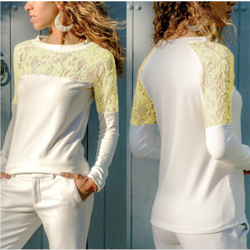 Spring and Summer New Long-sleeved Sweet Casual V-neck Openwork Lace Stitching Long-sleeved Loose Chiffon Shirt Top