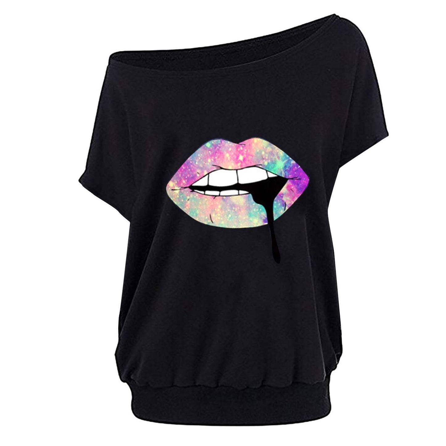 Fashion women's lips printed T-shirt strapless sexy short-sleeved T-shirt tops