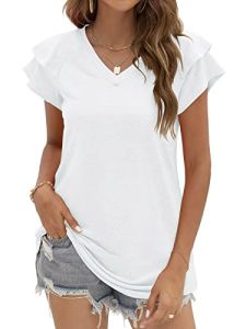 Women Summer Casual Ruffle Short Sleeve Loose Fitting V Neck T-Shirts Tunic Tops