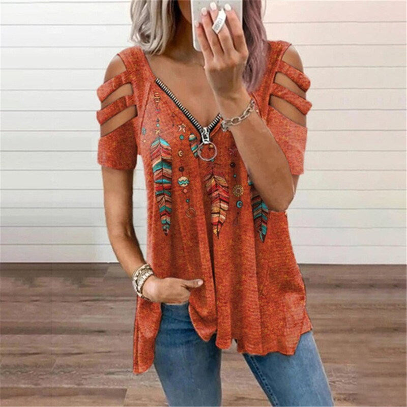 Women's new T-shirt V-neck zipper pullover printed short-sleeved loose T-shirt tops