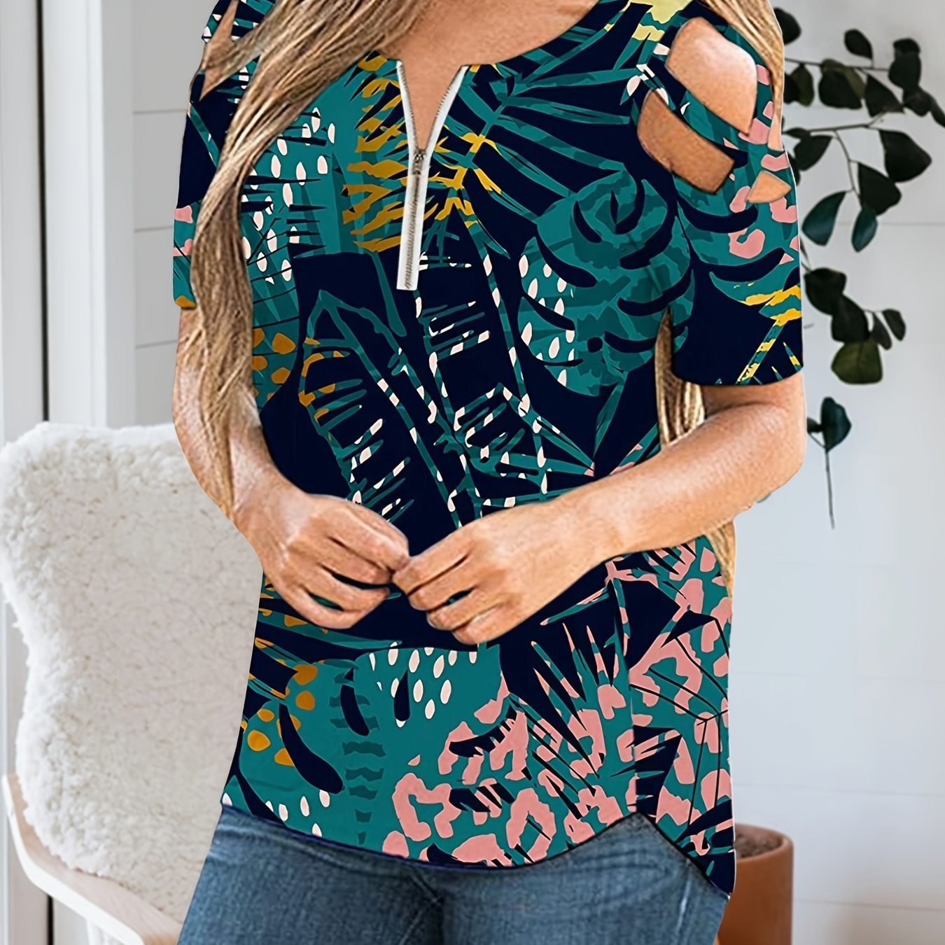 Tropical Print Short Sleeve Shirt; Zip Up Cold Shoulder Casual Top For Spring & Summer