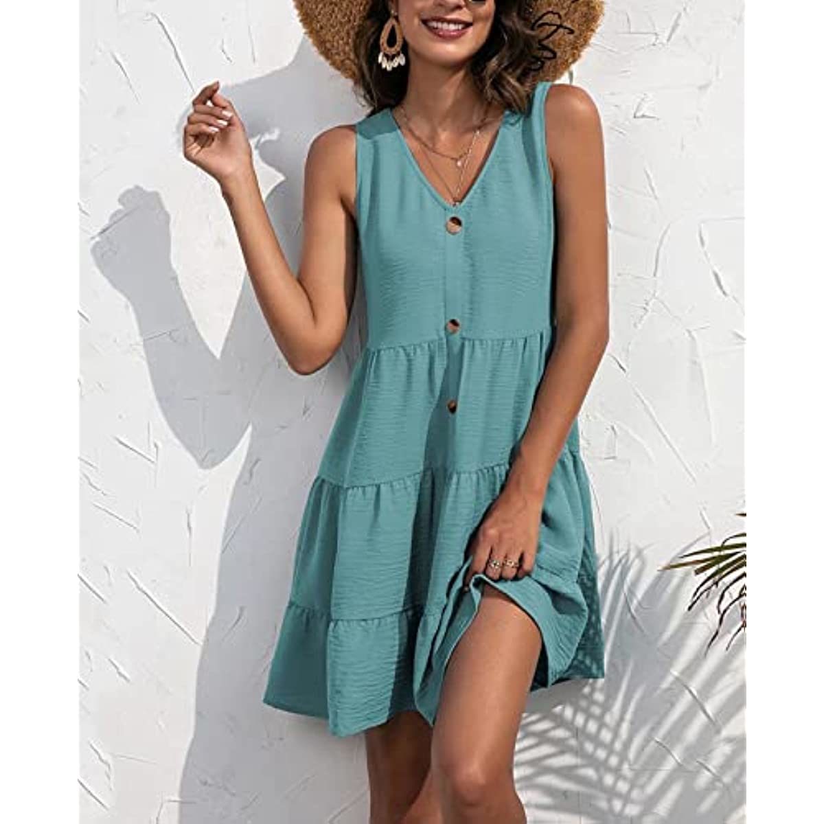 Kotiera Women's Summer Sleeveless V Neck Button Down Casual Swing Tunic Dress