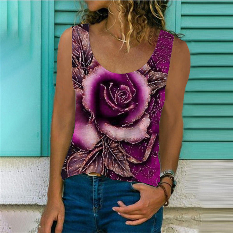 fashion women's summer new product T-shirt round neck 3D rose print sleeveless T-shirt loose vest