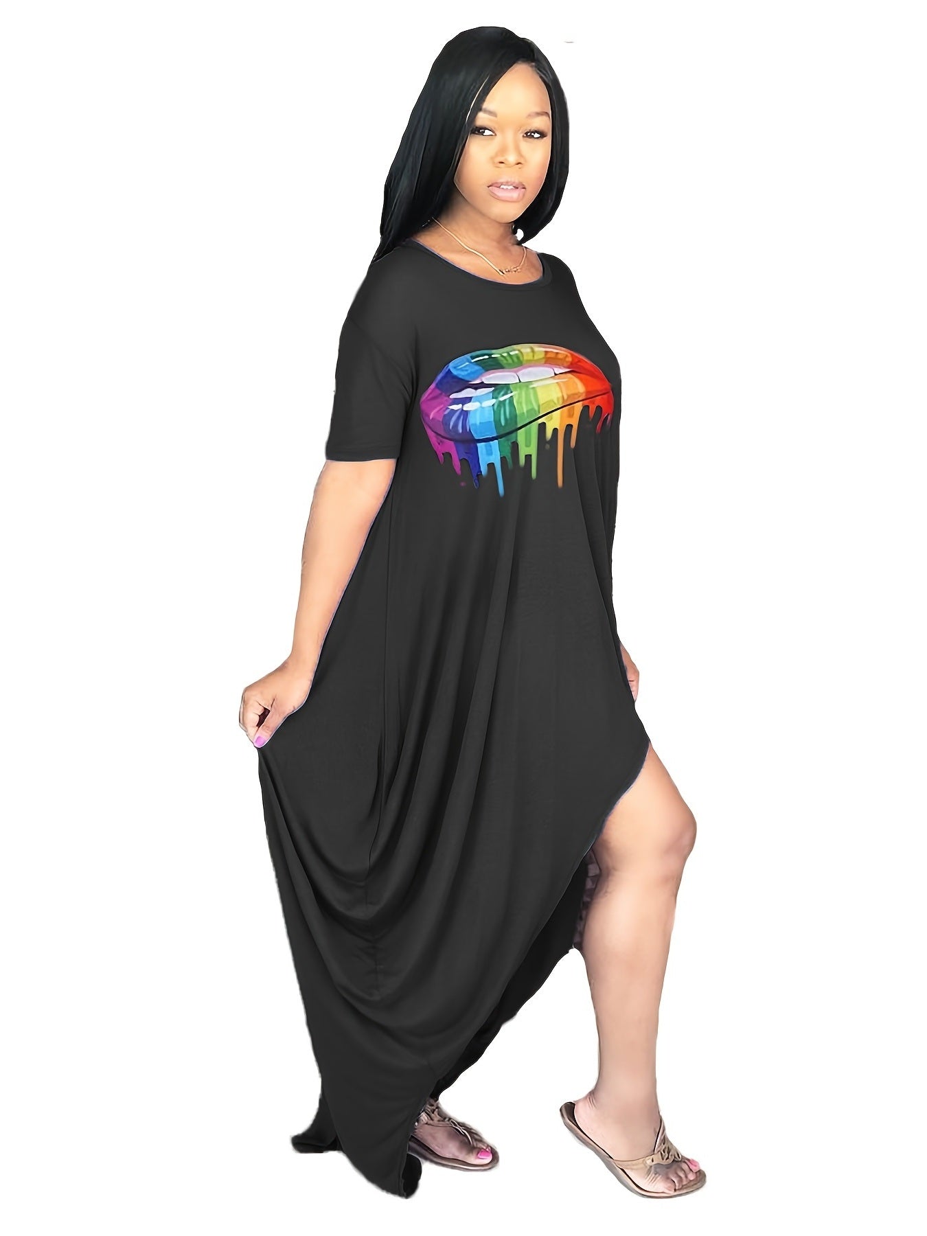 Plus Size Rainbow Color Lip Print Irregular Hem Dress; Women's Plus Casual Short Sleeve Dress