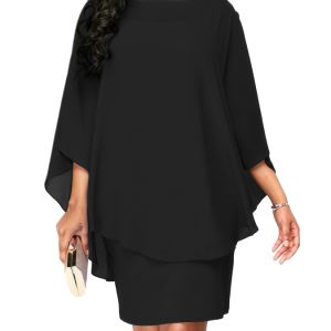 Plus Size Solid Round Neck 3/4 Sleeve Cape Midi Dress; Women's Plus Elegant Slight Stretch Cape Midi Dress