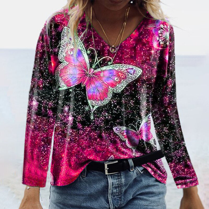 Women's Fashion Autumn T Shirt Casual V-Neck Long Sleeve Butterfly Printing T-Shirts Ladies Loose Plus Size Tops Tee Shirt Femme