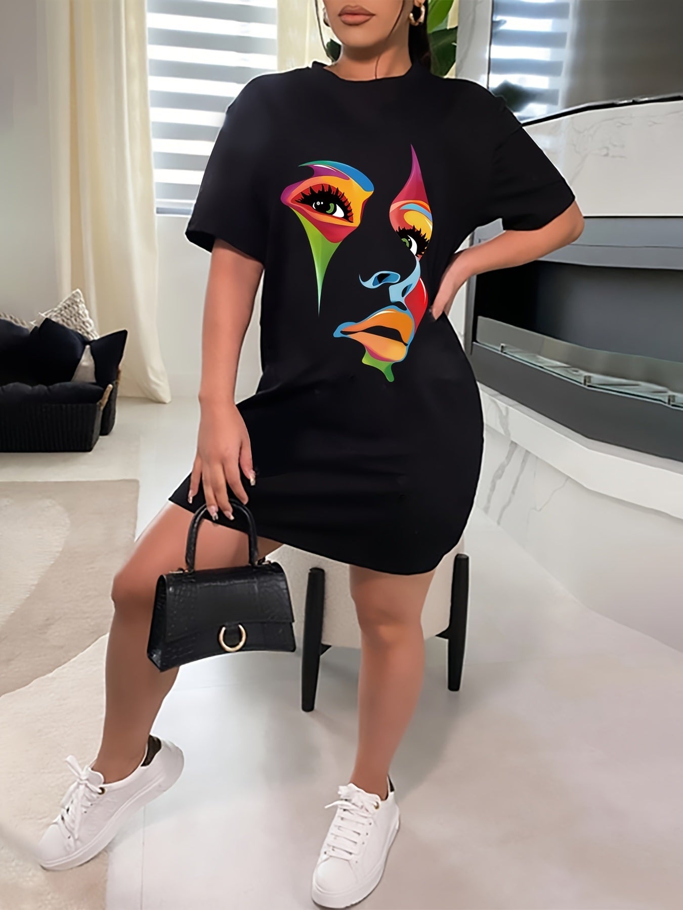 Plus Size Figure Print Short Sleeve Tee Dress; Women's Plus High Stretch Round Neck Casual Dress