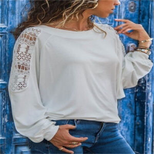 Autumn Women Round Neck T-shirt Casual Long Sleeve Tops Ladies Fashion Loose Shirts Pure Color Lace Blouse