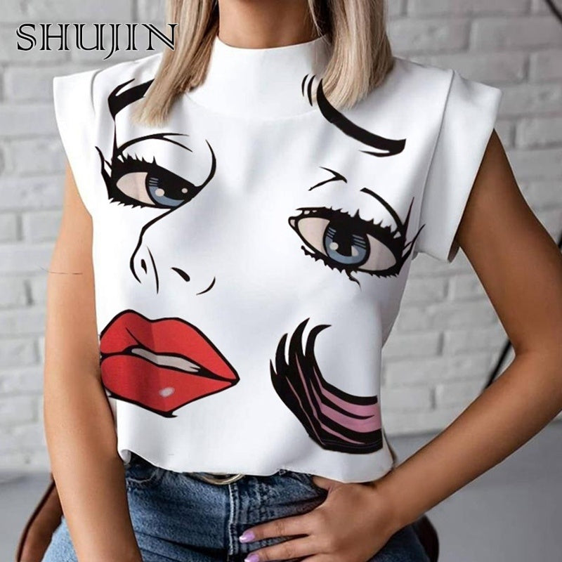 SHUJIN 2021 Fashion Women Elegant Lips Print Tops Blouse Shirts Summer Ladies Office Casual Stand Neck Pullovers Eye Blusa Tops