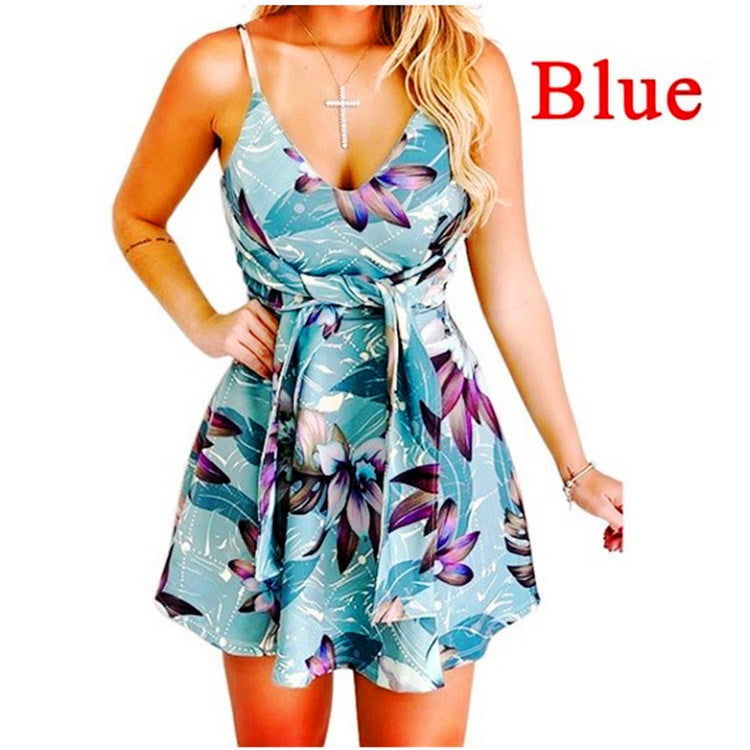 summer women's new sexy fashion V-neck sling sleeveless halter bandage printed swing dress