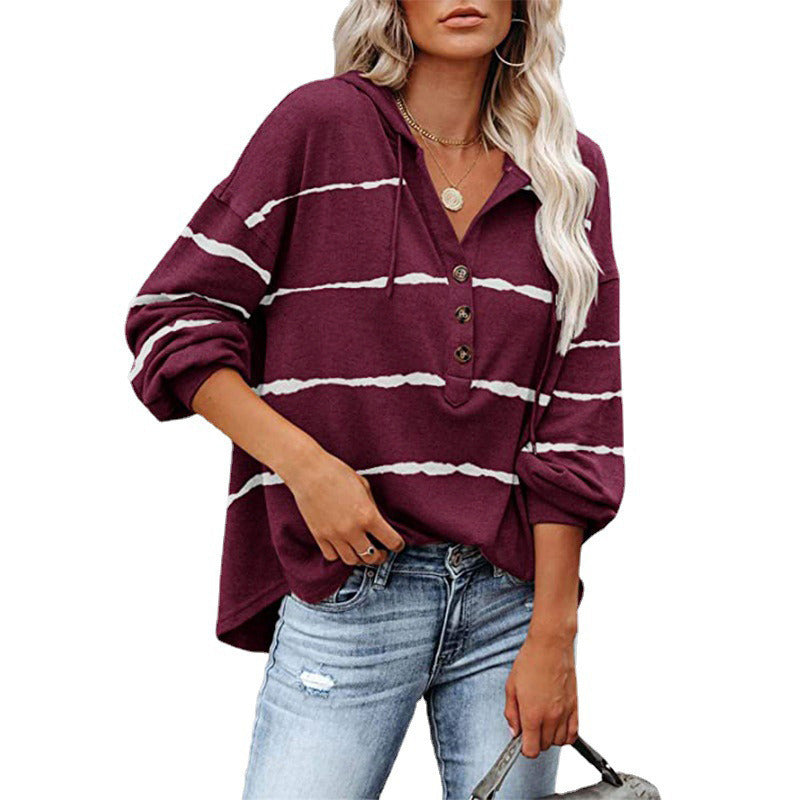 Fall/Winter Women's New Tops Loose V-neck Long Sleeve Striped Sweater Buttoned Hoodie