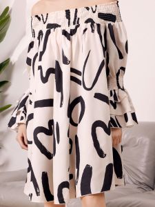 Plus Size Off Shoulder Ruffle Sleeve Geometric Print Midi Dress; Women's Plus Casual Midi Dress