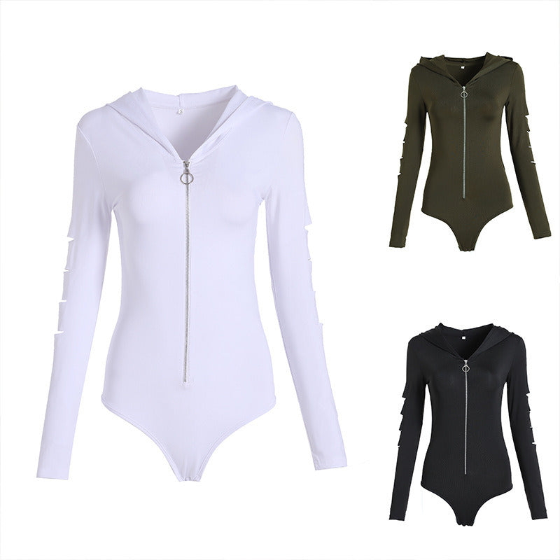 spring and summer new women's sexy zipper hooded jumpsuit