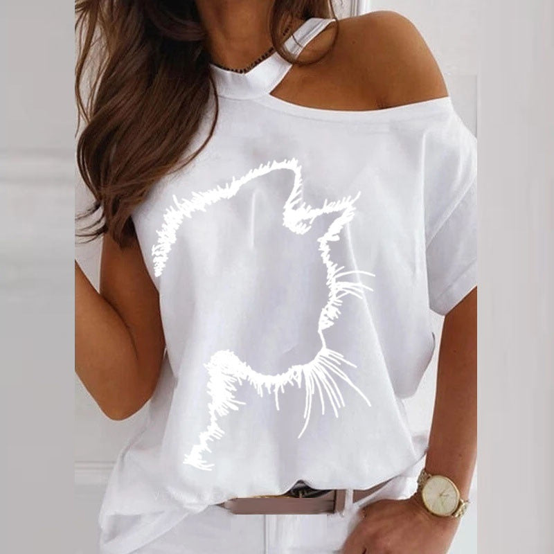 new women's summer top cat print off-shoulder loose T-shirt