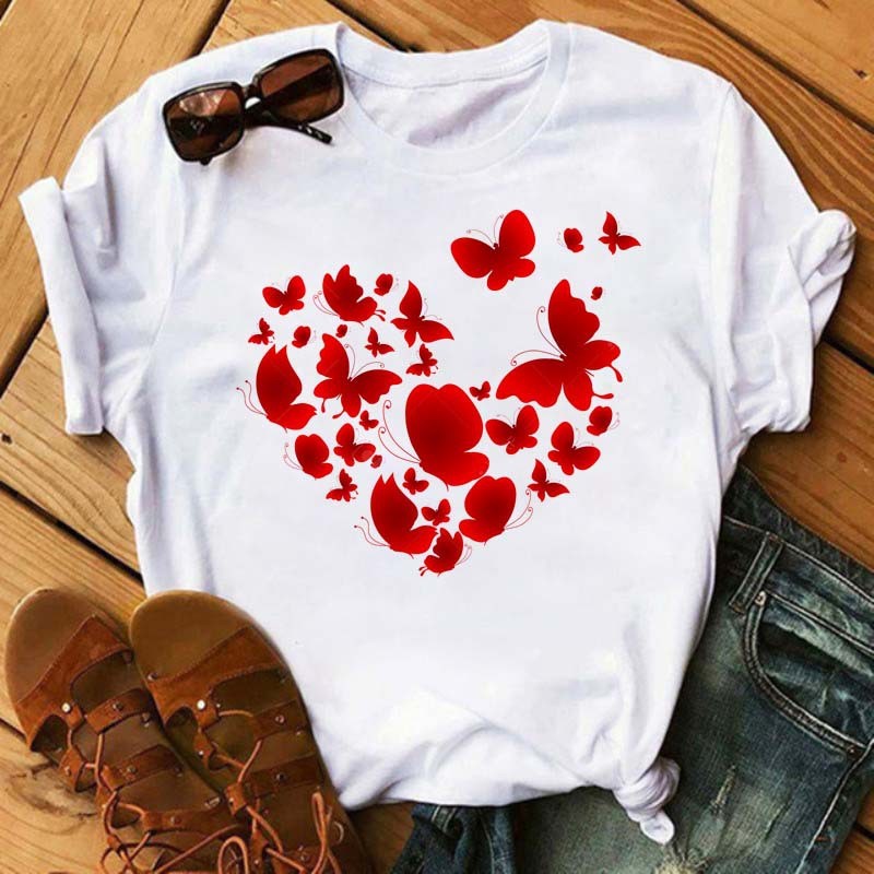 Watercolor Butterfly Heart Printed T Shirt New Women Black T Shirt Harajuku Cute Graphic Tee Shirt Ladies Casual Female Tops Tee