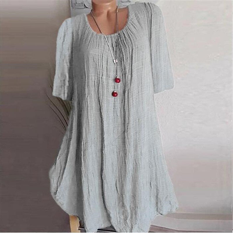 Autumn Cotton and Linen Solid Color Irregular Sleeve Dress