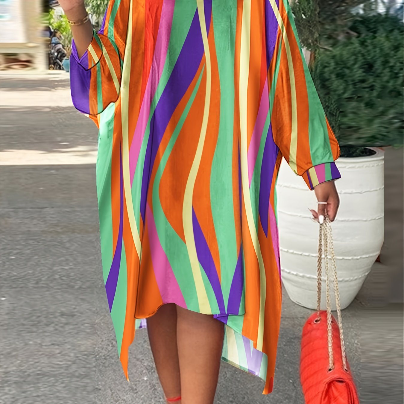 Plus Size Rainbow Striped Loose Fit Maxi Dress; Women's Plus Casual Round Neck Dress