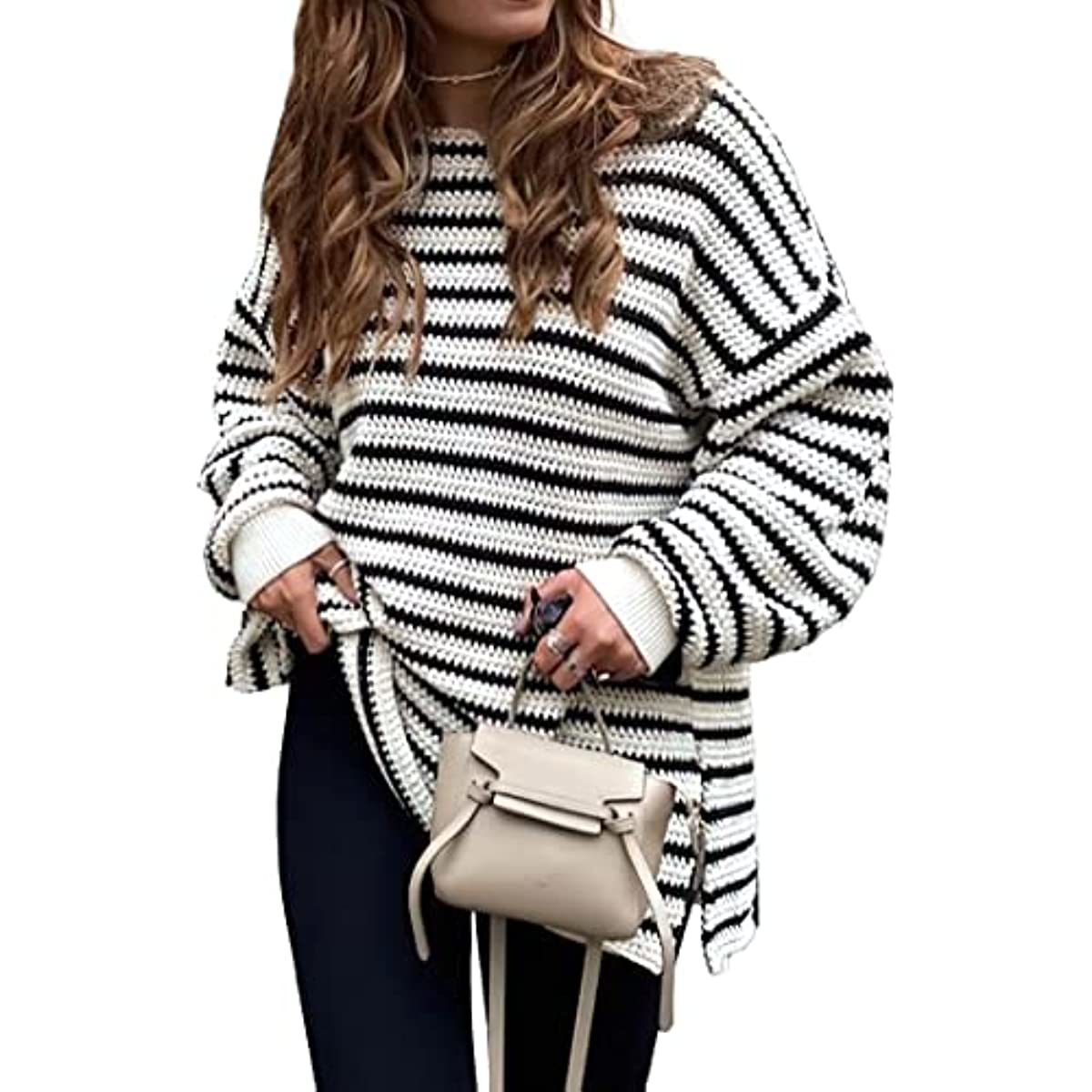 2023 Fall Winter Women's Oversized Long Sleeve Striped Sweater Casual Crewneck Side Split Pullover Knit Tops