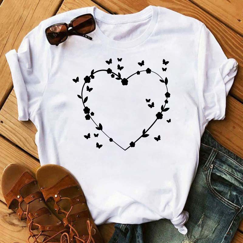 Watercolor Butterfly Heart Printed T Shirt New Women T--Shirt Harajuku Cute Graphic Tee Shirt Ladies Casual Female Tops Tee