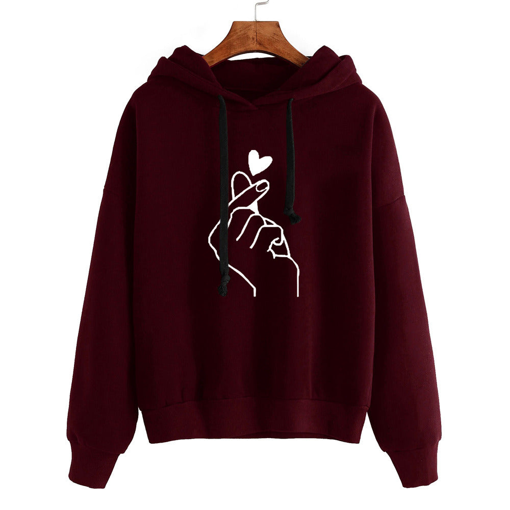 New Fashion Women Hooded Sweater Casaul Printed Heart Long Sleeve Solid Color Hooded Hoodie Finger Heart Hoodie Pullover Tops Hoodies Coat