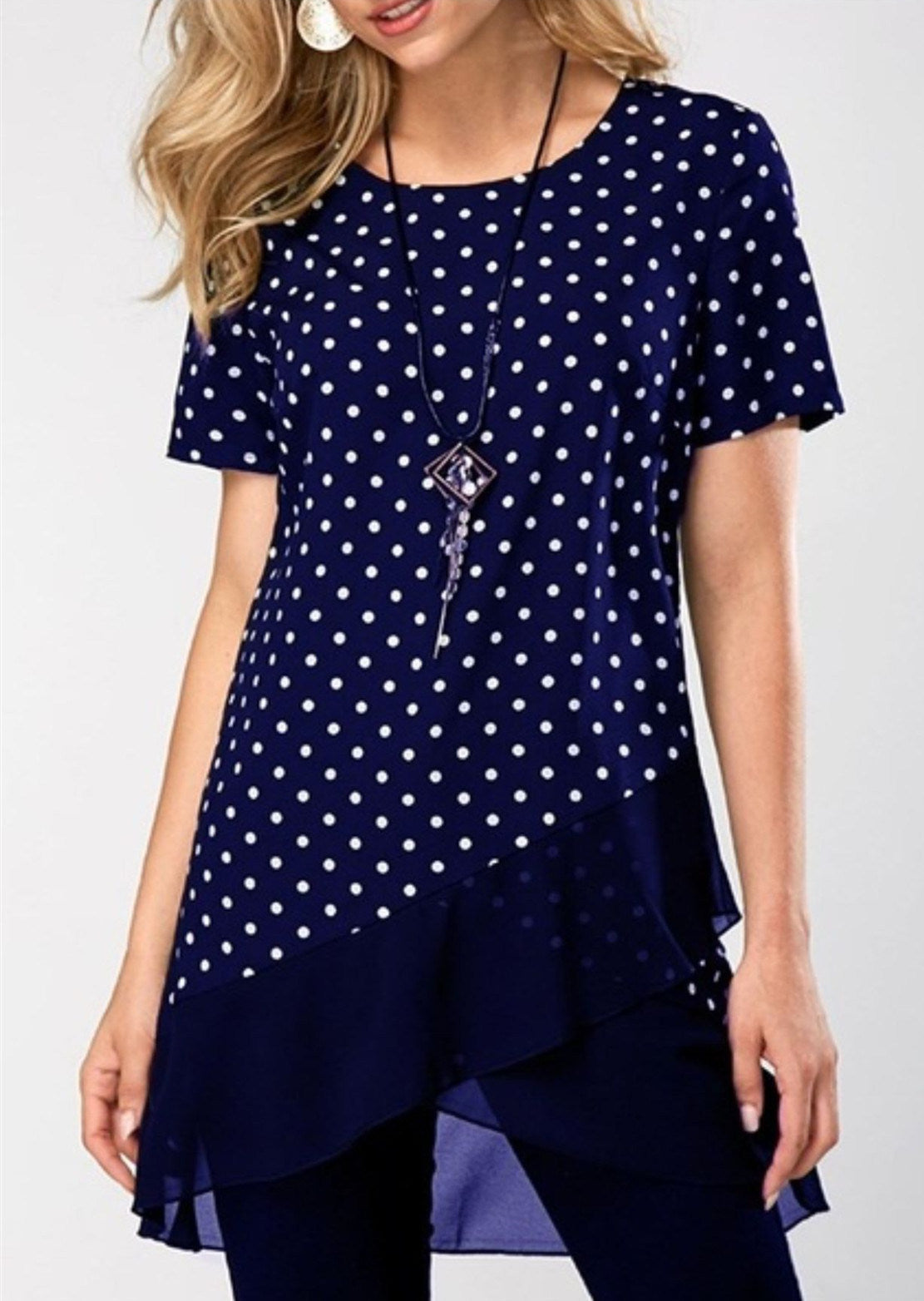 spring and summer new women's round neck polka dot mesh stitching short-sleeved T-shirt