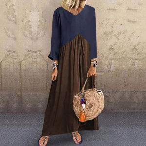 Summer Women's Stitching Contrast Color Irregular Long Sleeve Dress