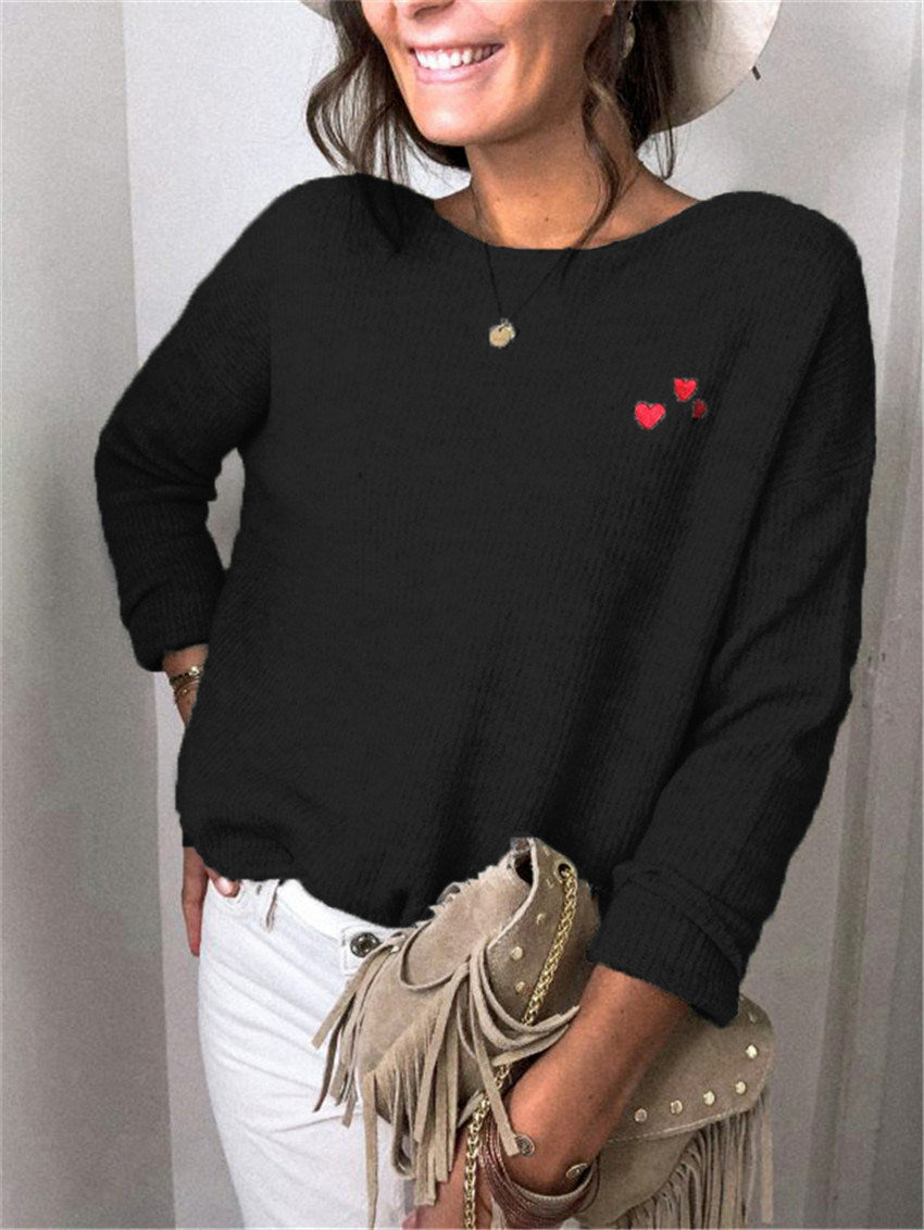 New Autumn and Winter Loose Solid Color Embroidery Love Long-sleeved Bottoming Shirt Round Neck Top Women