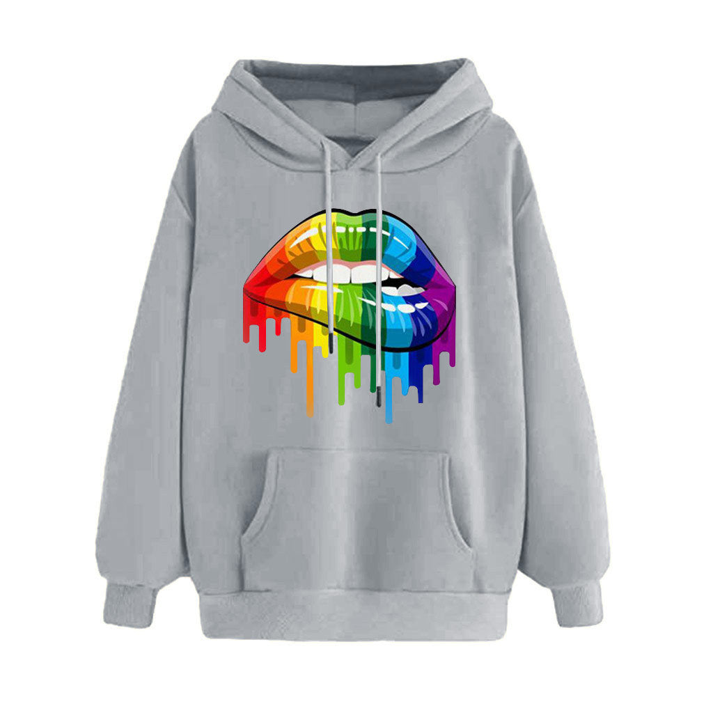 Autumn and winter new women's rainbow candy color plus velvet hoodie long-sleeved lip print loose hooded hoodie