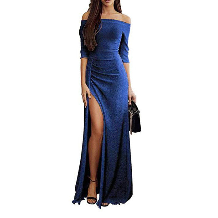 Autumn new women's bag hip open neck collar dress bright crystal dress dress evening dress