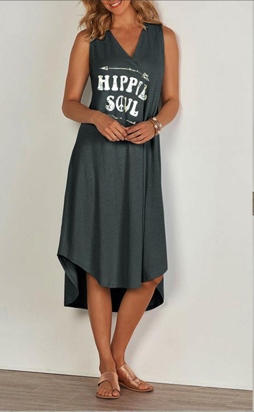 Summer new women's simple letter printing casual long V-neck sleeveless vest dress