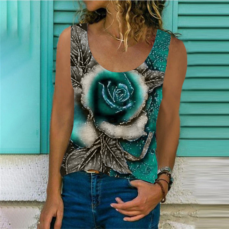 fashion women's summer new product T-shirt round neck 3D rose print sleeveless T-shirt loose vest