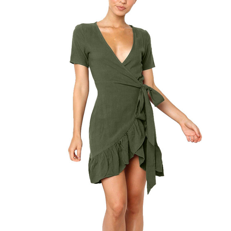 New Women's Short-sleeved Sexy Slim V-neck Pleated Ruffled Irregular Dress