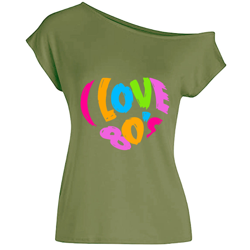 2022 summer I love 80's letter love print diagonal collar off shoulder sexy irregular T-shirt