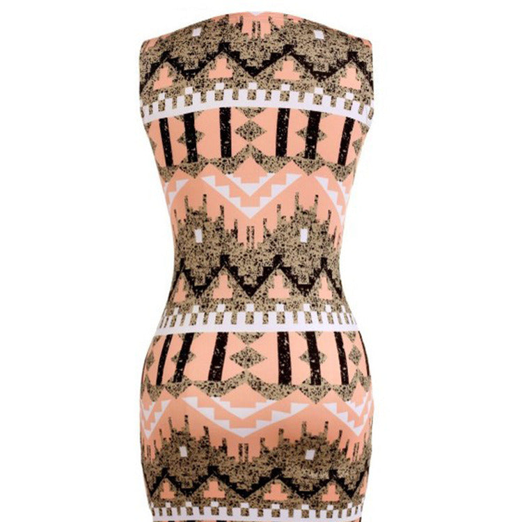 new women's retro round neck sleeveless printed pencil skirt dress