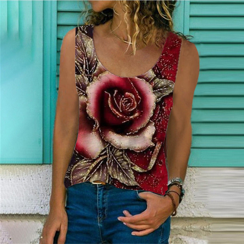 fashion women's summer new product T-shirt round neck 3D rose print sleeveless T-shirt loose vest