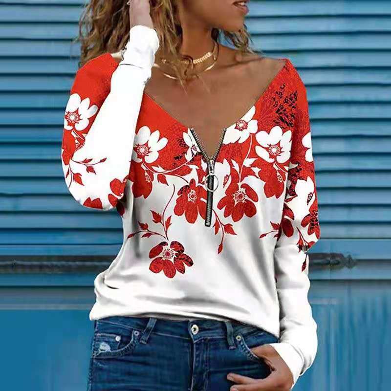 Autumn and Winter New Women's Printed V-neck Zipper Long-sleeved T-shirt Top