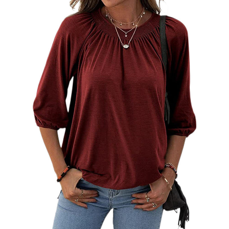 Fall Elegant Temperament Cotton Turtleneck Round Neck Loose Women's T-shirt