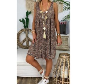 Women's Summer Leopard Floral Round Neck Strap Dress