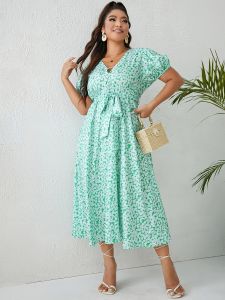 Plus Size Elegant Dress; Women's Plus Floral Print V Neck Belted Short Sleeve Flowy Maxi Dress