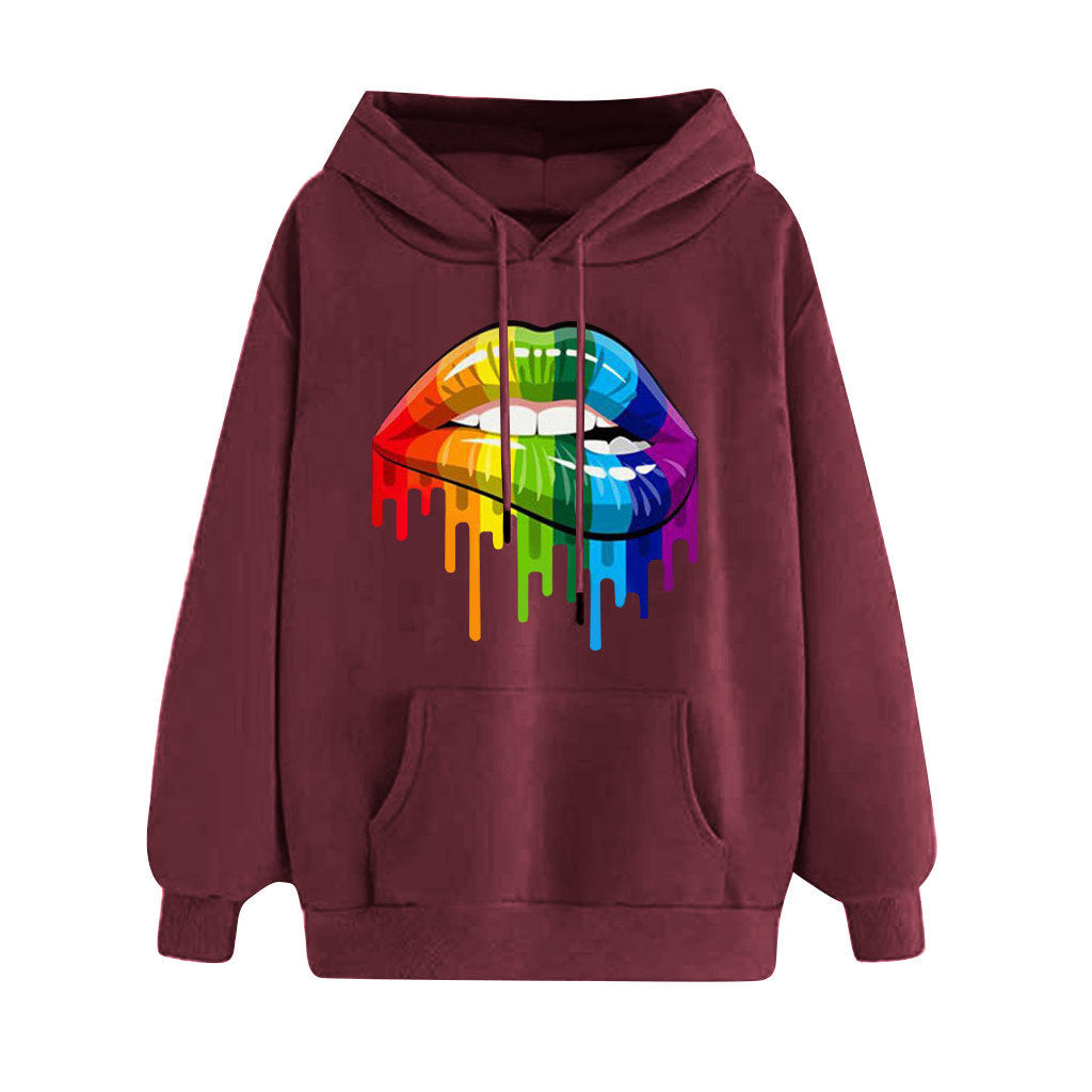 Autumn and winter new women's rainbow candy color plus velvet hoodie long-sleeved lip print loose hooded hoodie