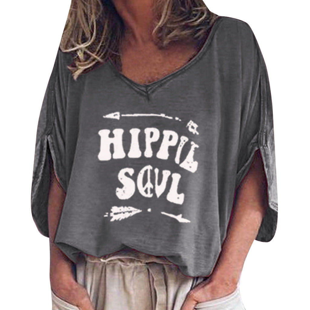 Fashion Autumn Sleeves Sleeves V-neck Print Loose Women's T-shirt