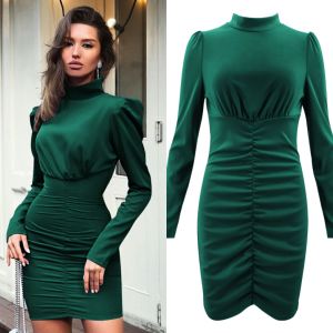 Best Selling Autumn and Winter Women's High Collar Long Sleeve Bag Hip Pleated Dress