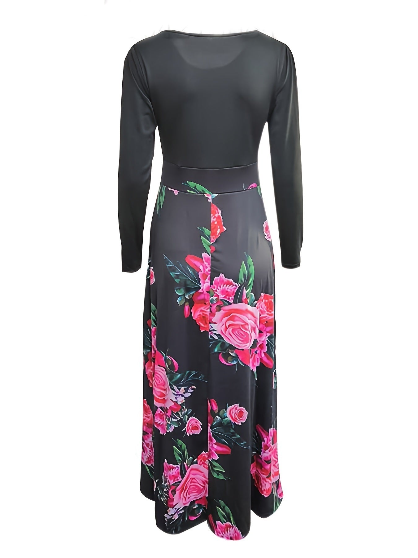 Plus Size Floral Print Round Neck Long Sleeve Maxi Dress; Women's Plus Colorblock Elegant Long Dress