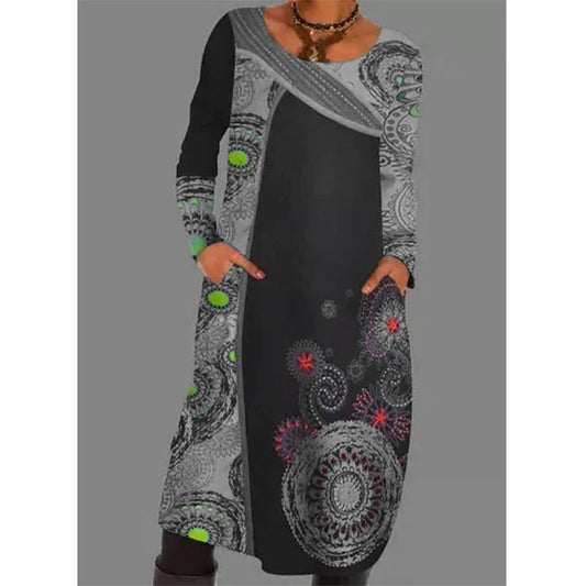 2021 Autumn Hedging Print Ethnic Dress Women New Fashion Splice O-Neck Long Sleeve Pockets Mid Dresses Female