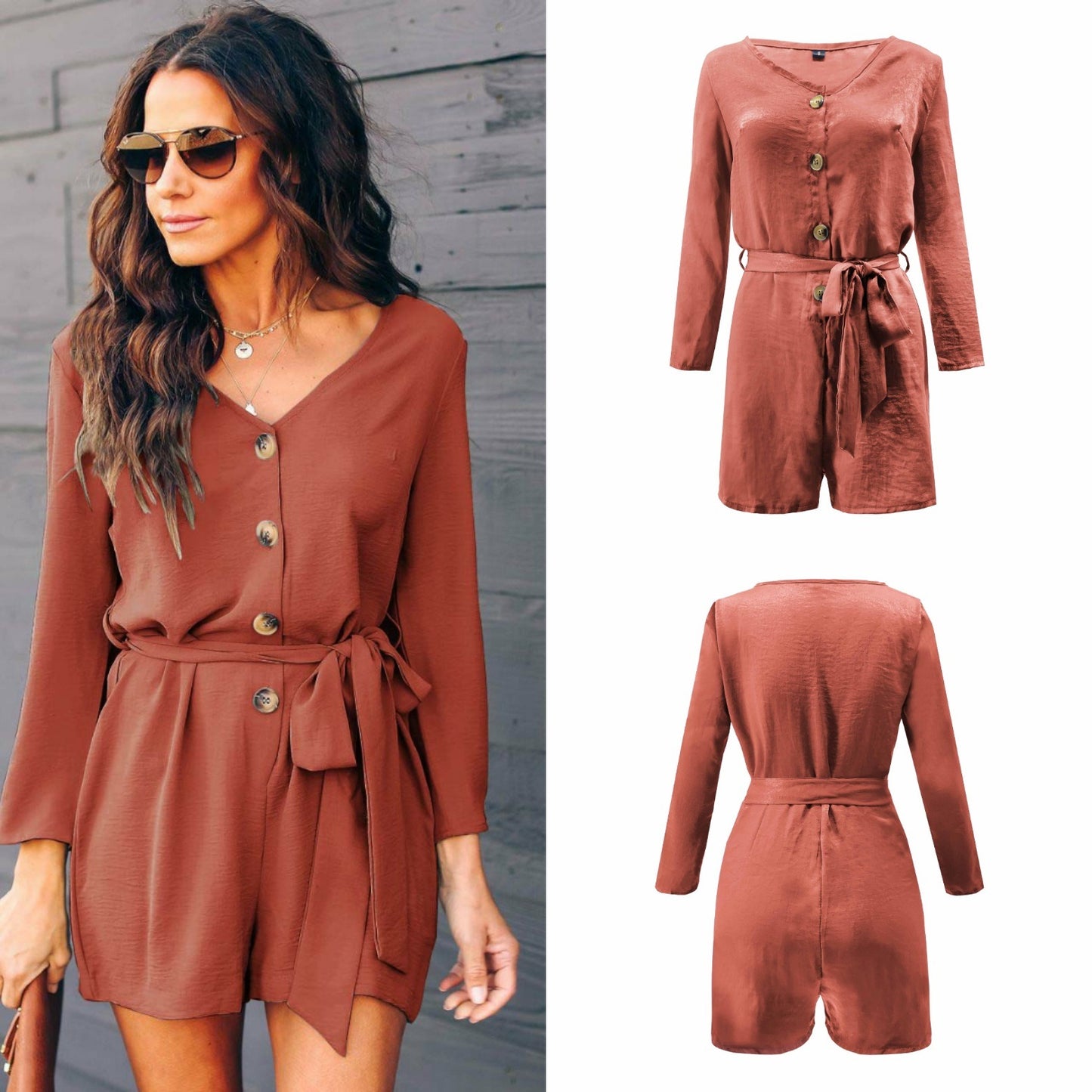 Summer New Women's Long-sleeved V-neck Casual Jumpsuit