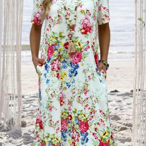 Plus Size Casual Dress; Women's Plus Floral Print Short Sleeve Round Neck Dress With Pockets