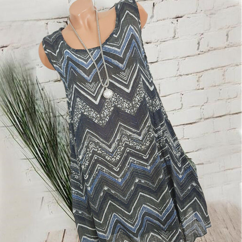 Summer New Large Size Women's Round Neck Sleeveless Print Dress Long Skirt