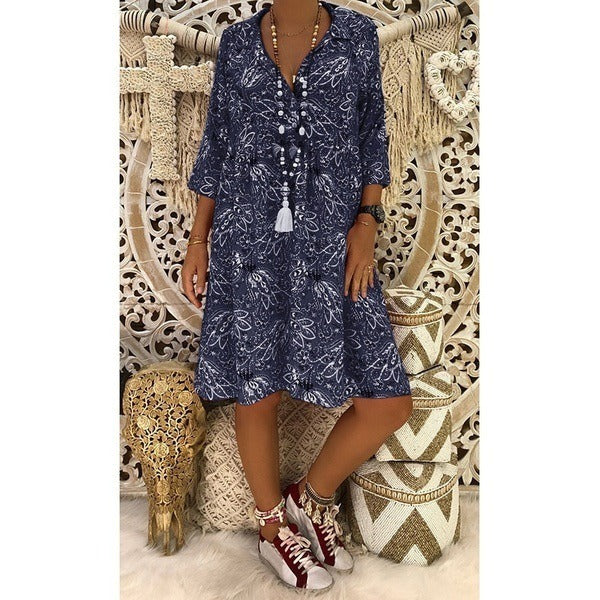 Women's Cropped Sleeve Deep V-neck Loose Casual Print Dress