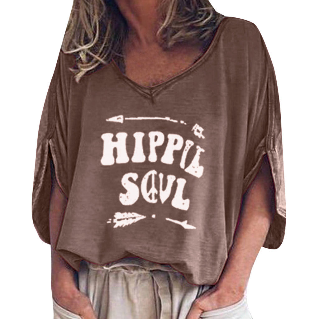 Fashion Autumn Sleeves Sleeves V-neck Print Loose Women's T-shirt